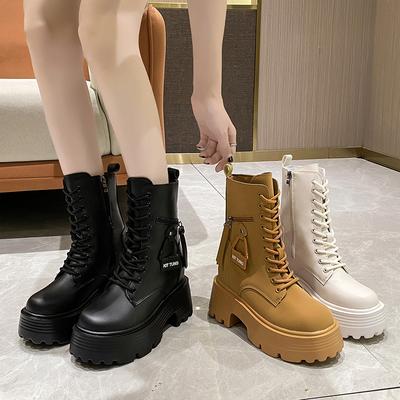 Modă Nouă Sosire Toamnă Botine Femei Platformă Înaltă Cizme Moto Iarnă Cu Șireturi Adidași Groși Confortabili Cizmă de Piele 9CM