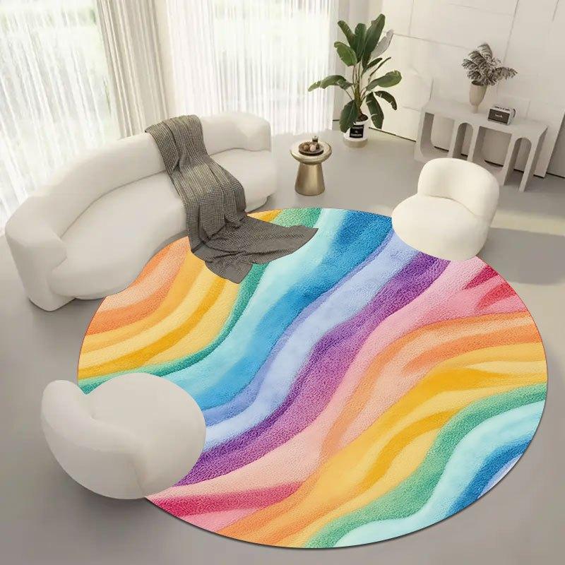 Rainbow-colored waves Flannel-printed round floor mats are slip-resistant Suitable living room bedroom terrace garden carpets