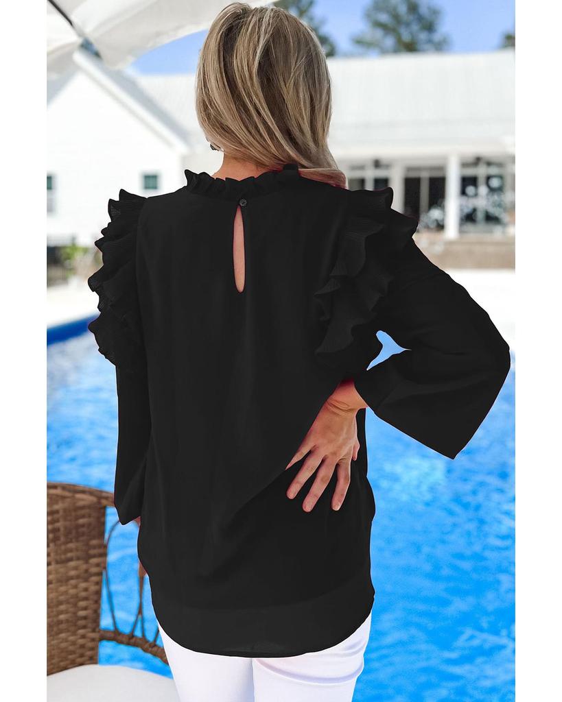 Azura Exchange Black Button Keyhole Back Pleated Ruffle Trim Blouse