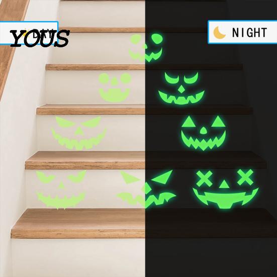 Pumpkin Glow Decal for Walls 2Pcs Halloween Glow-in-the-Dark Wall Stickers, & Ghost Face Decals Indoor Ceiling Door Decor, Light Up