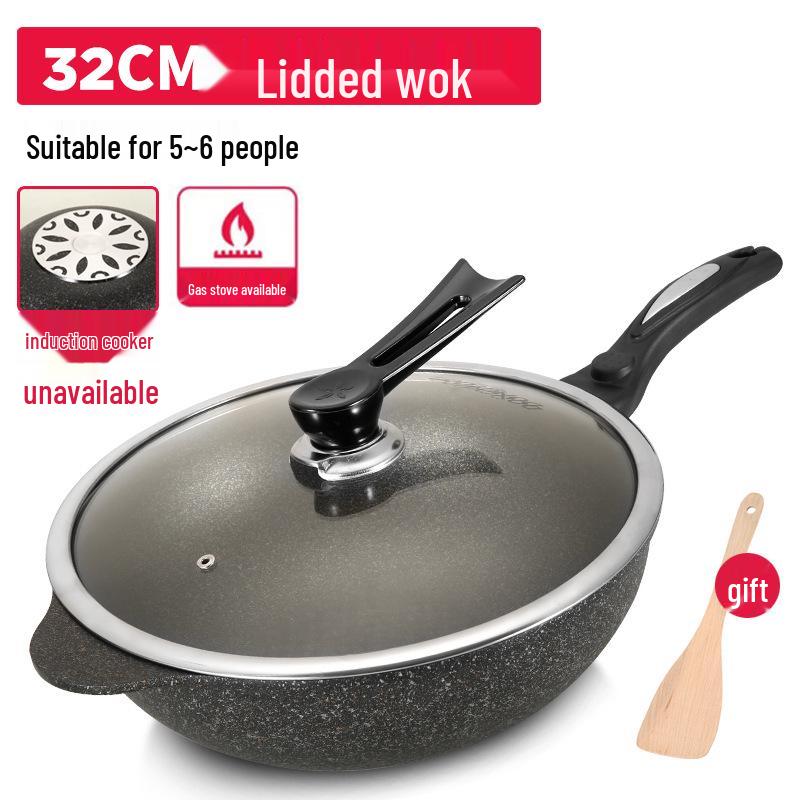 Premium Maifan Stone Non-Stick Wok, Low-Smoke, Flat-Bottom, Universal for Gas & Induction Cooktops, 32CM Stir-Fry Pan.