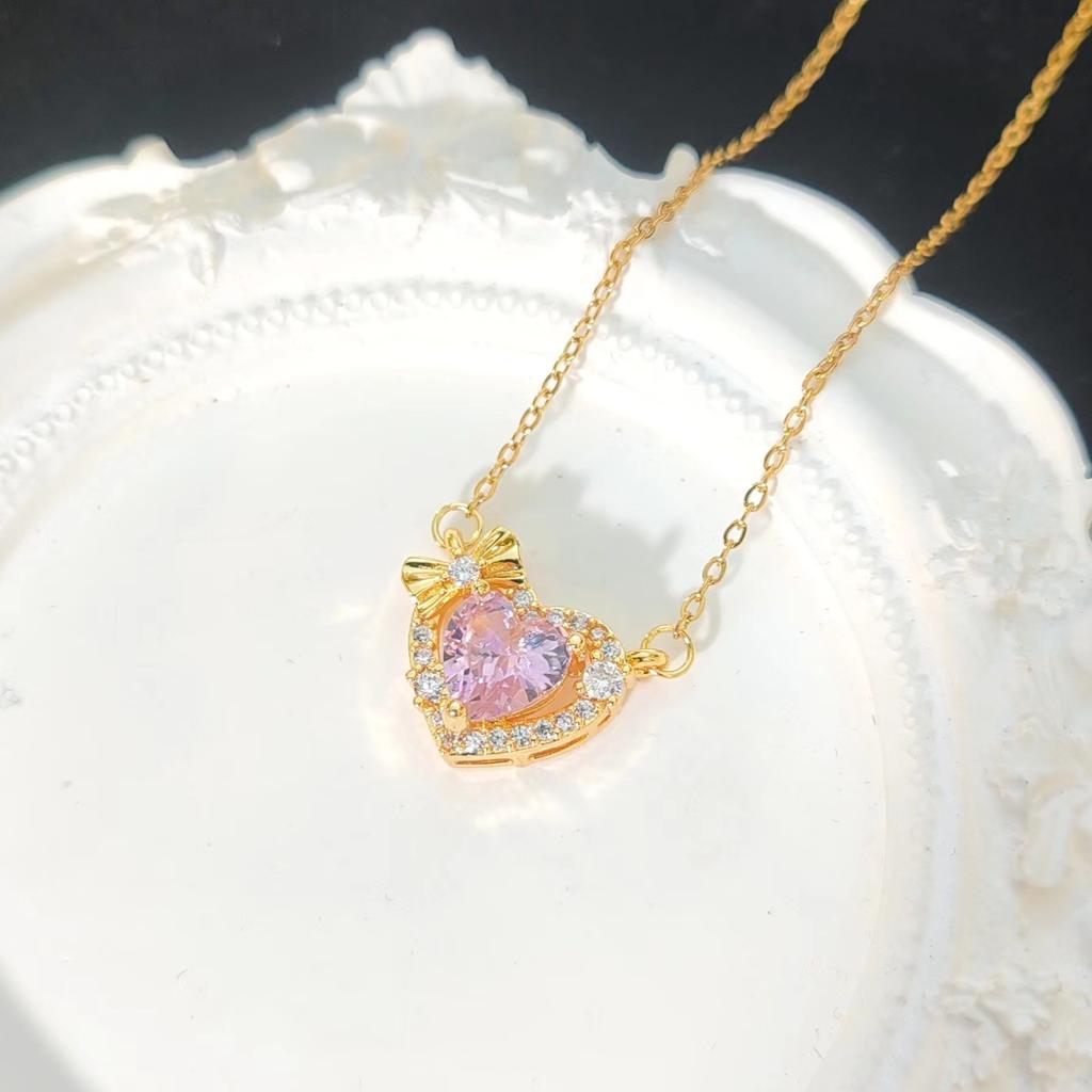 Pink Zirconium Love Necklace Women'S High-End Simple And Sweet Bow Heart Pendant Accessories