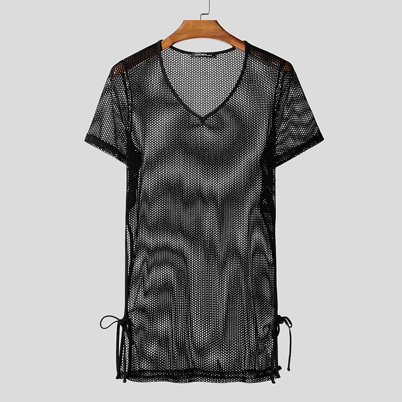 

INCERUN Летние мужские майки с коротким рукавом, полые, прозрачные, длинные, пляжные 3XL чёрный