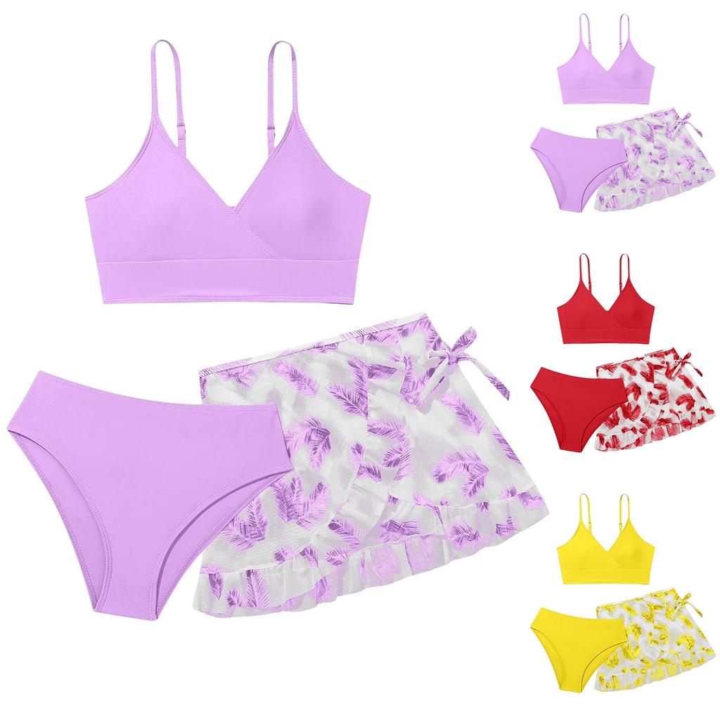 Girls Two Piece Swimsuit Set Adjustable Straps Bikini Top High Waist Bottom with Ruffle Skirt Cover Up Lightweight Swimwear for Kids
