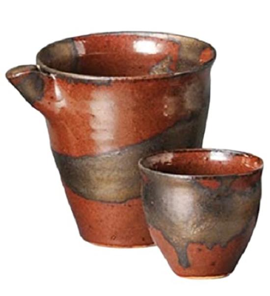 Sake Tokkuri and Ochoko Diameter X 9 X Height Persimmon Glaze with Gold Mino for Cold Sake Ale-net Set, (Cupcake) Set, 11.7 10.5cm, 260ml, Accents,