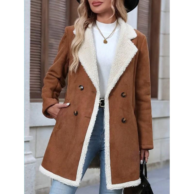 Womens Suede Fleece-Lined Casual Coat Mid-Length