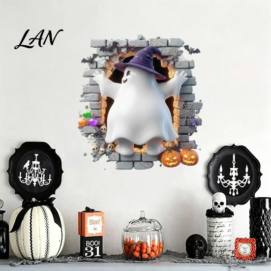 Black Cat Wall Stickers Halloween Stickers, 3D Broken Effect with Ghost Skeleton Pumpkin Bat Decals, Self-Adhesive Temporary Decorations Waterproof