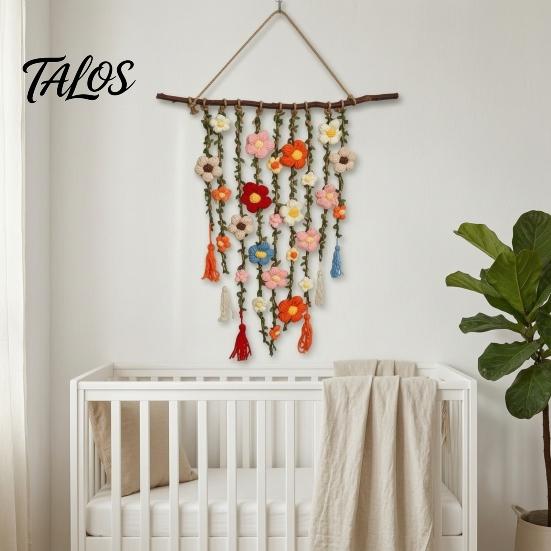 Handmade Crochet Flower Bohemian Hanging Tapestry, Tassels Decor Farmhouse Wall with Wooden Stick, Living Room Bedroom Art Decoration Cotton