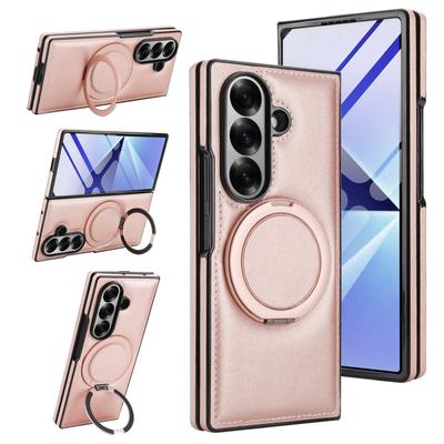 Suitable for Samsung Zfold7 6 5 Leather Pattern 360 Rotating Bracket Mobile Phone Case with Tempered Film Full Cover Anti Fall Shell