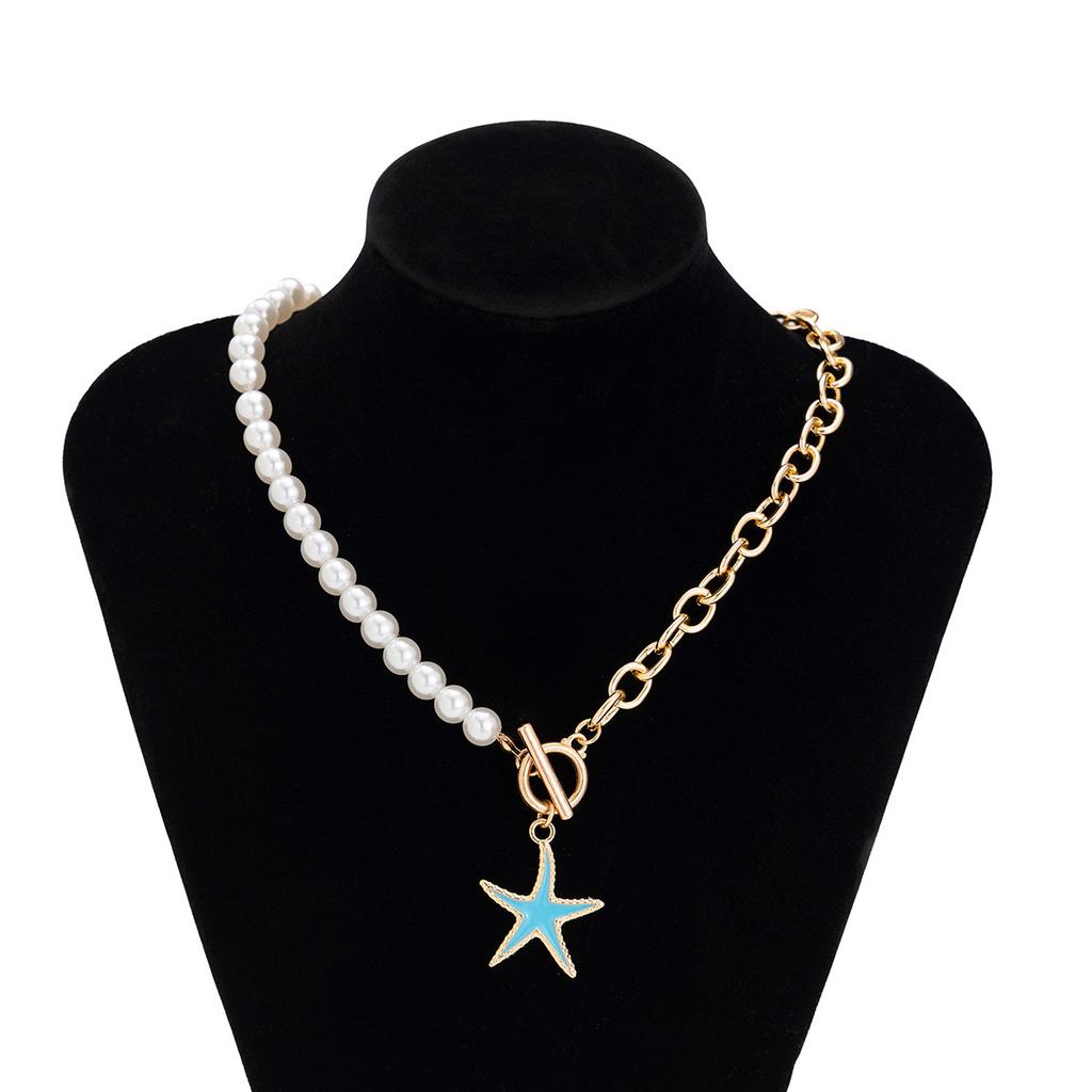 European and American accessories Ocean style colorful starfish pendant necklace Beach vacation asymmetrical imitation pearl necklace