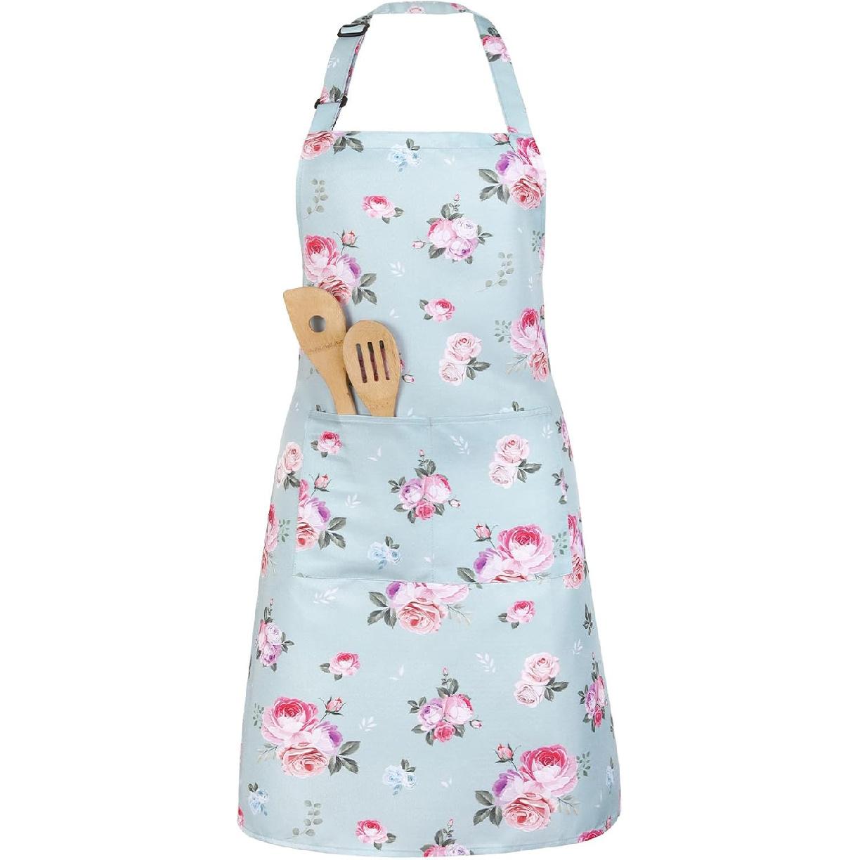 Floral Apron for Women, Adjustable Kitchen Aprons with 2 Pockets Vintage Cute Rose Floral Apron Chef Apron Gift