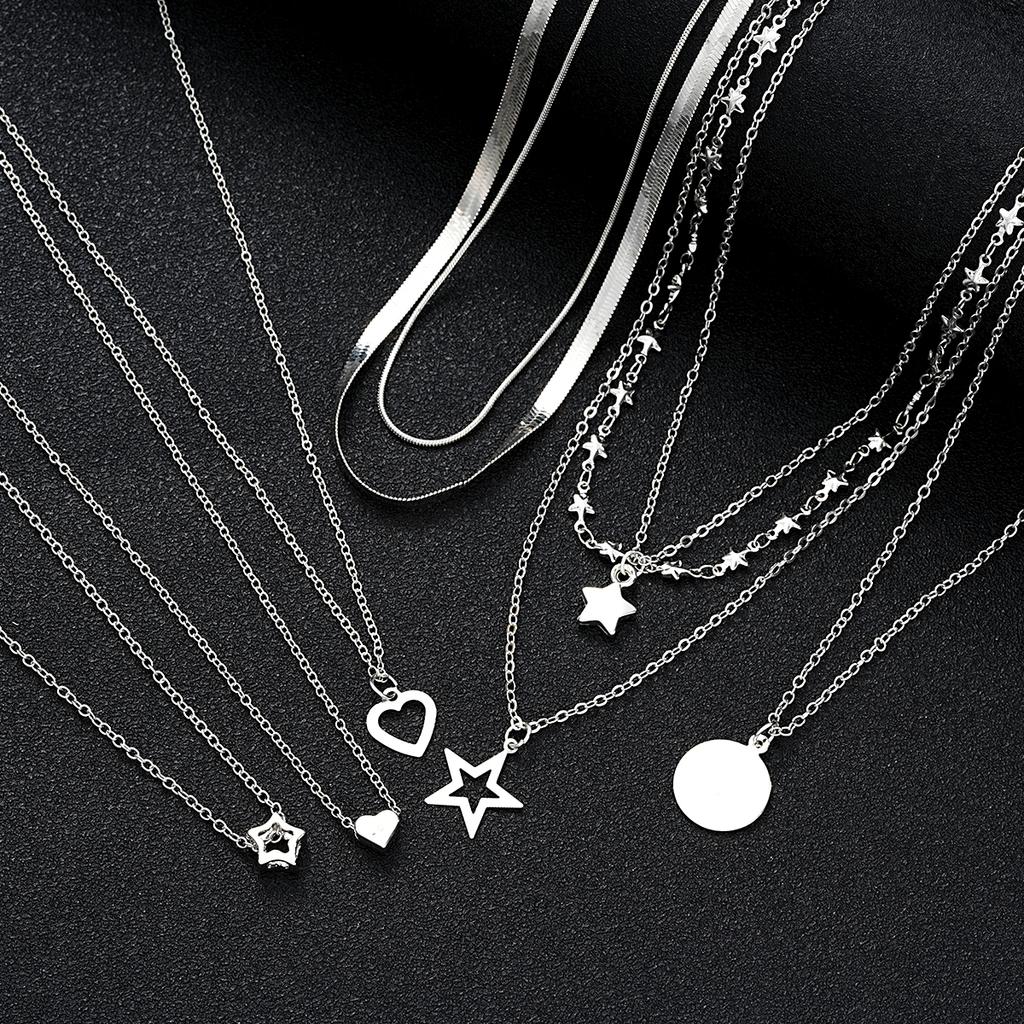 9 Pcs Simple Choker Necklaces for Women Fashion Love Heart Star Pendant Layered Necklace Jewelry Gift European and American