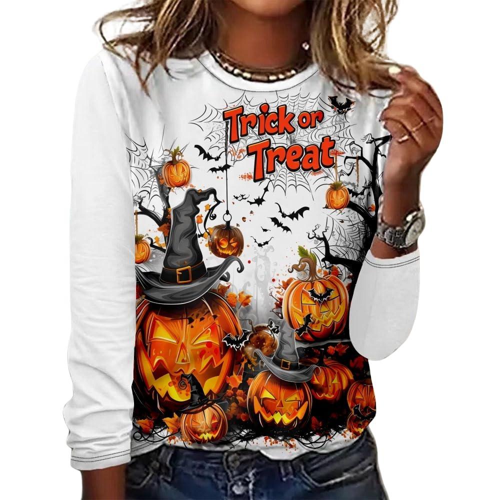 Women's Halloween 3D Printed Pumpkin Face Bat Long Sleeve Shirt Autumn Loose Casual Polyester Round Neck Fashion Casual Top