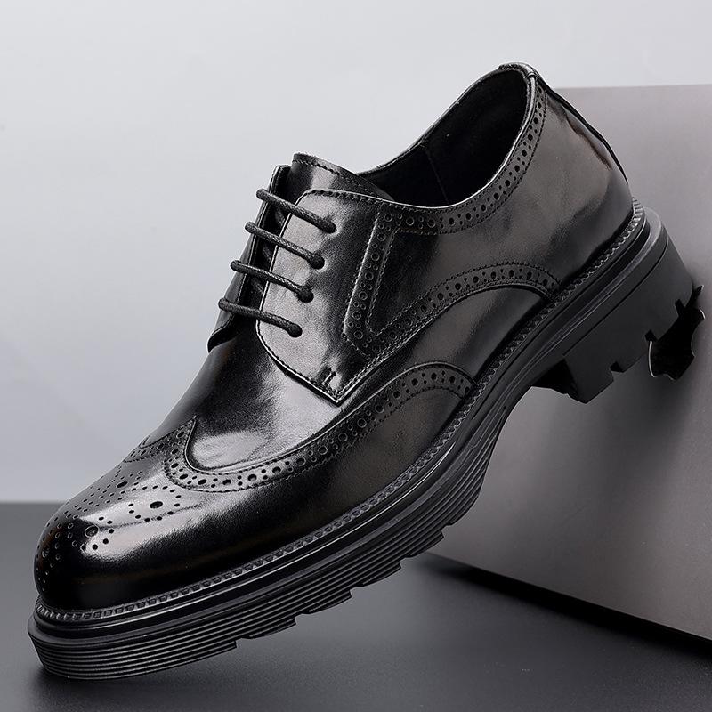 Men's Genuine Leather Formal Brogue Shoes - British, Thick-Soled, High-End Business Style, Top Layer Cowhide