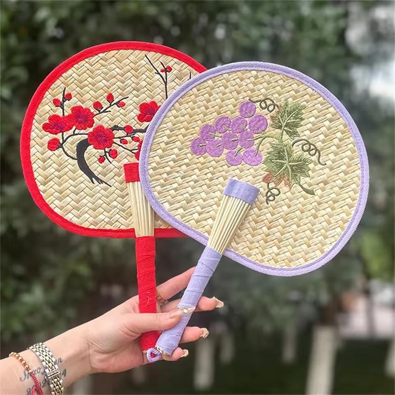Retro Palm Fan For Summer Home Hand-Woven Straw Fans Bossom Plum Flower Embroidery Summer Cooling Hand Fan