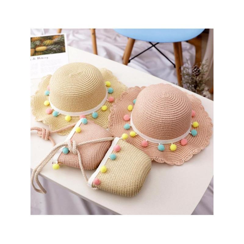 Strohhut für Kinder Sommer Mädchen Strandhut Kinder Sonnenhut Mädchen Sommer Strohhut Tasche Set Sonnenschutz Japan