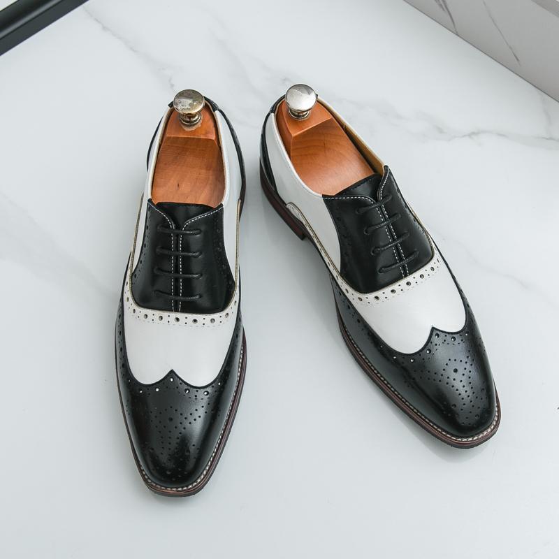 New Men's Designer Black With White Mixed Wedding Oxford Brogues Shoes Gentleman Flats Dress Homecoming Footwear Zapatos Hombre