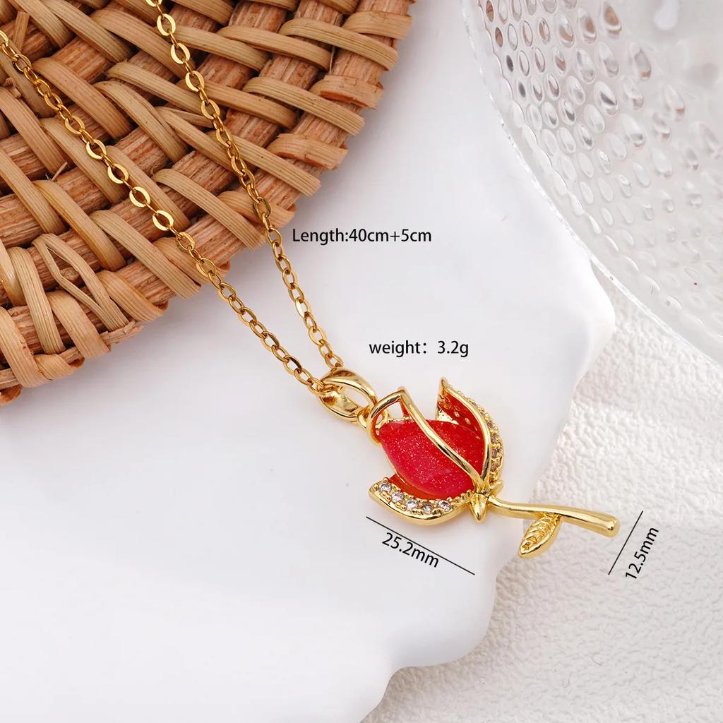 Elegant Colorful Crystal Zircon Tulip Flower Pendant Necklaces for Women Girls Gold Color Stainless Steel Chain Flower Jewelry