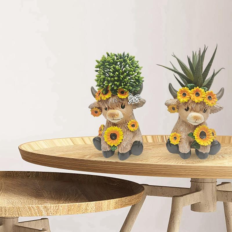 2pcs Sunflower Highland Cow Resin Flower Pot Ornament