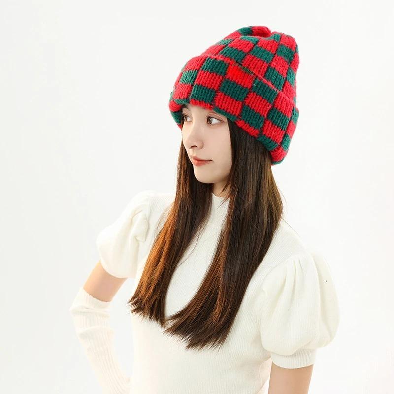 Nuovo Berretto Invernale a Quadri Giapponese Coreano con Teschio Berretto Lavorato a Maglia per Donna Ins Marchio di Lusso Y2k Berretto Cappello Caldo Pesante Cappellino Casual