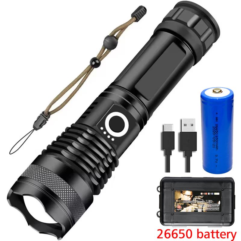 XHP50 High Power Rechargeable LED Tactical Flashlight Aluminum Alloy Telescopic Zoom Torch Lamp for Outdoor Camping Fishing