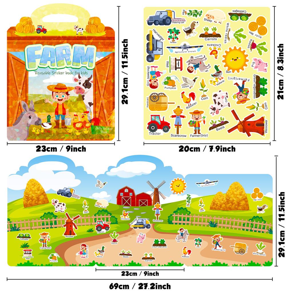 Hand-ported Children's Creative DIY Cognitive Farm Style Enlightenment Early Education Intellectual Training Repeatedly Sticker Jelly Sticker Book