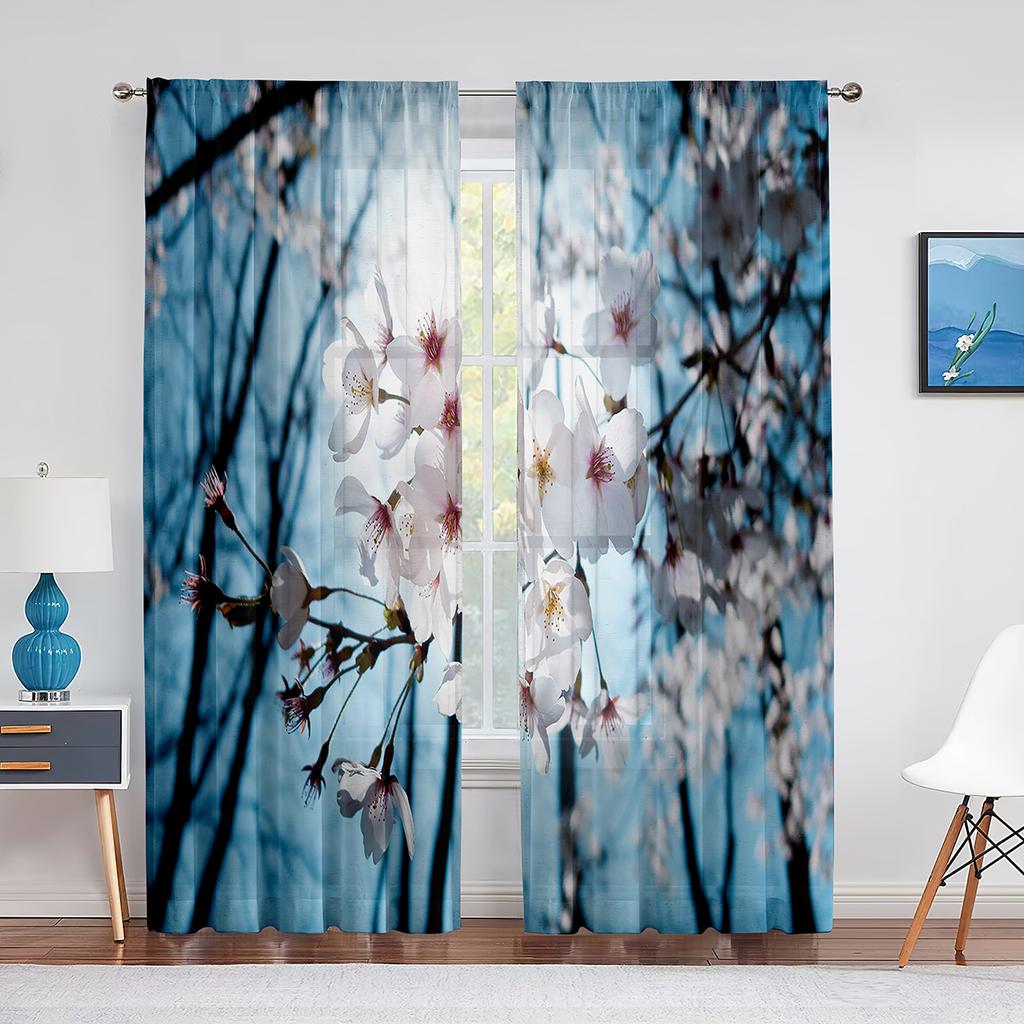 Cherry Blossom Sheer Voile Curtain Floral Sakura Blossom Pink Flower Window Tulle Curtains for Living Room Bedroom Kitchen Decor