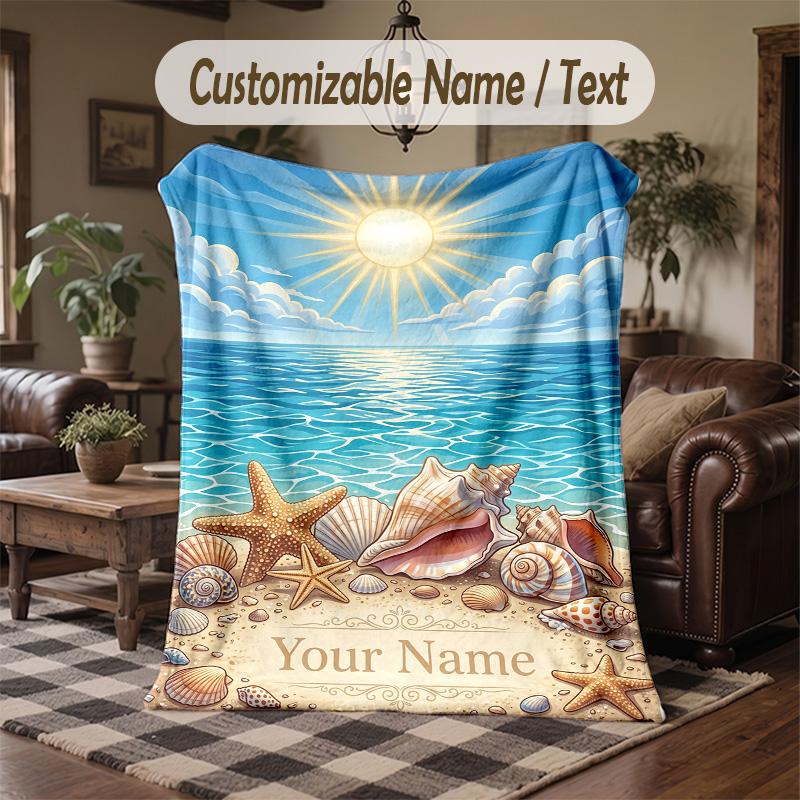 Beach Shell Starfish Paradise Theme Throw Blanket Custom Name Text Personalized Blanket Soft Cozy Blanket for Home Sofa Bed