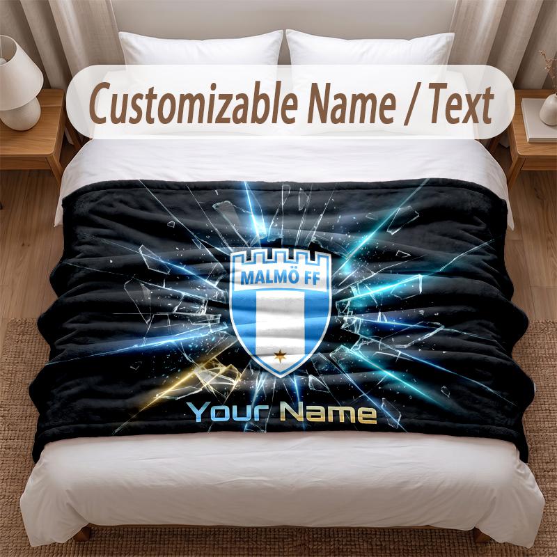Malmö FF Printed Flannel Blanket Custom Name Text Soft Warm Throw For Bedroom Holiday Gift