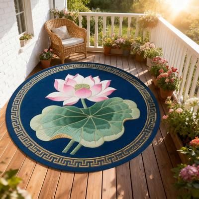 Lotus Flower Floor Mat Round Living Room Rug Lotus Pattern Carpet with Non-Slip Backing