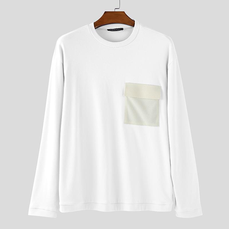 

INCERUN Mens Round Neck Long Sleeve Stitching Casual T-shirts Tops S белый