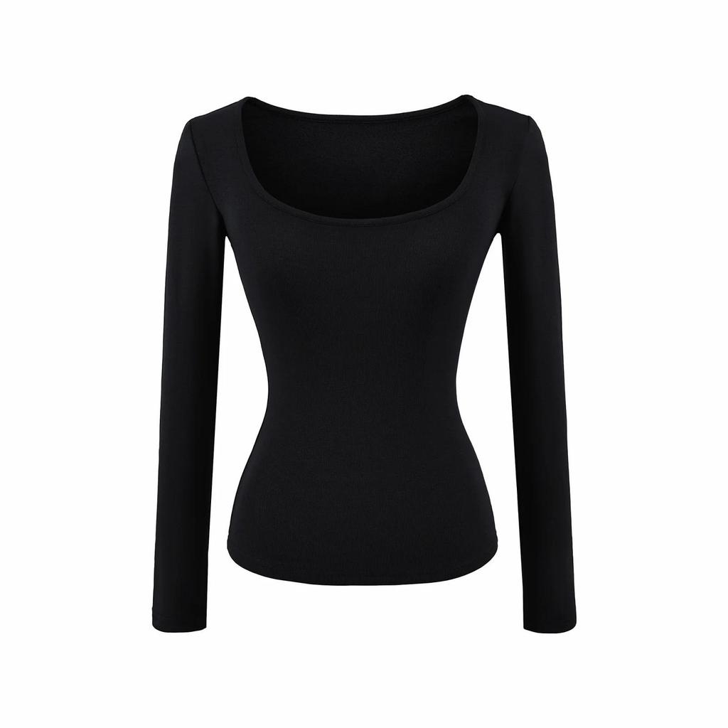 Women's Slim Fit Black U-Neck Long-Sleeve Shirt - Spicy Girl Collection, Perfect Base Layer for Autumn and Winter.