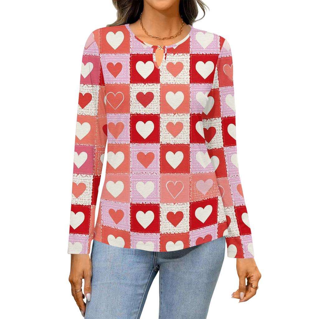 Damen Casual Rundhals Aushöhlung Langarm Valentinstag Herz-Print T-Shirt Top