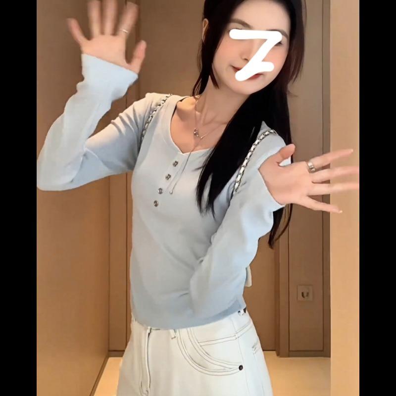 

Early spring sweet and spicy U-neck single-breasted embroidered top women s waist pleated long-sleeved T-shirt with niche bottoming shirt XL синій