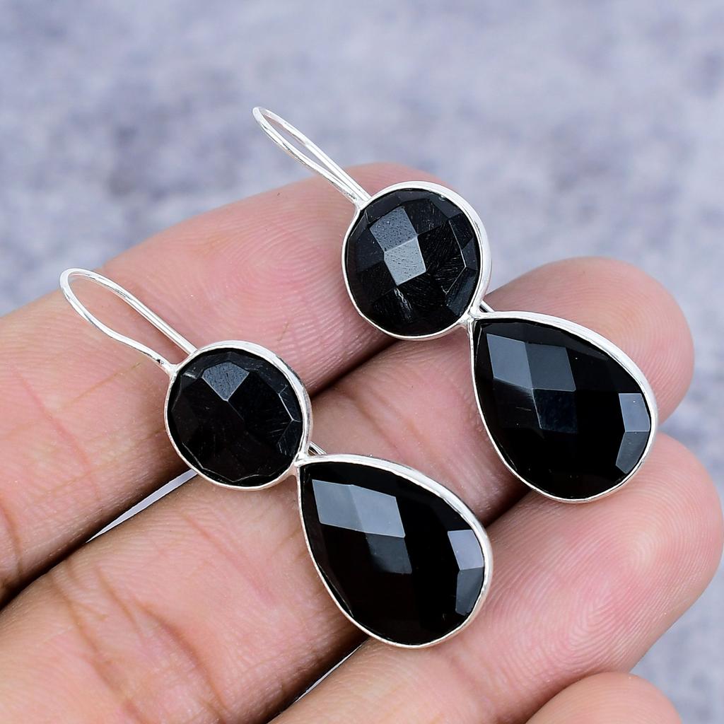 Black Spinel Gemstone Handmade 925 Sterling Silver Jewelry Earring 1.77" M-2627