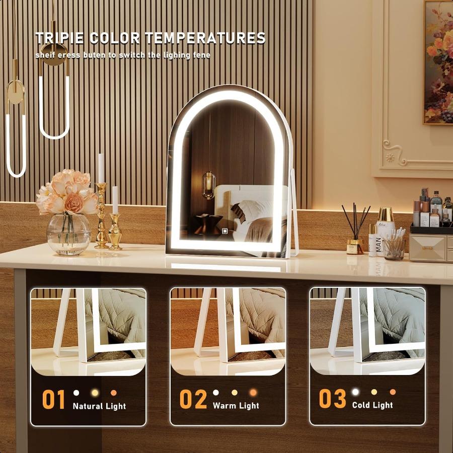 14 Elegant LED Vanity Mirror with 3Color Adjustable Lights Lighted Makeup Mirror 360 Rotating Stand Touch Control Perfect Makeu