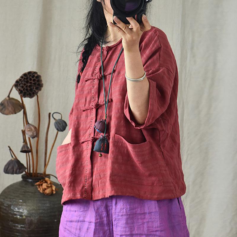 Johnature Women Shirts Chinese Style Button Tops O-Neck Short Sleeve Summer Blouses Vintage Pockets Shirts