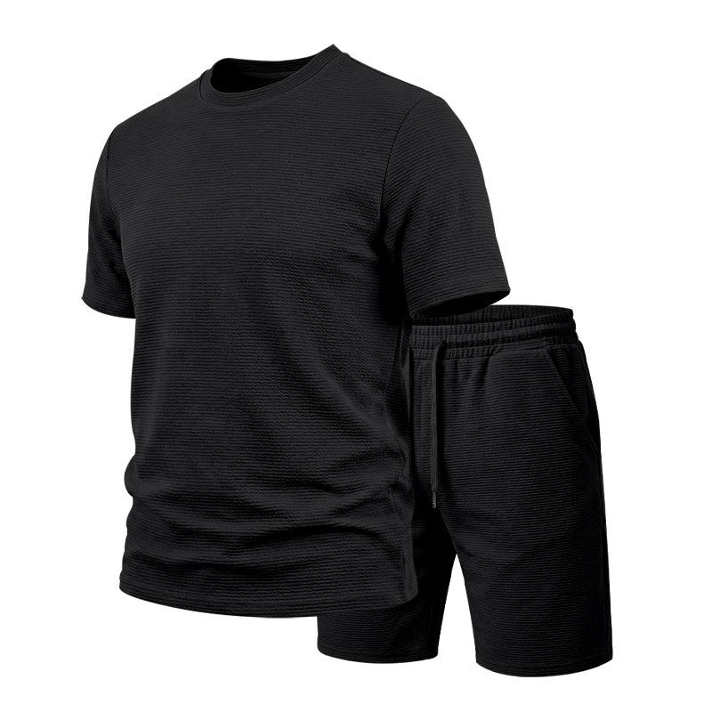 Men Casual Loose Textured Short Sleeve T Shirt And Shorts Two Piece Set