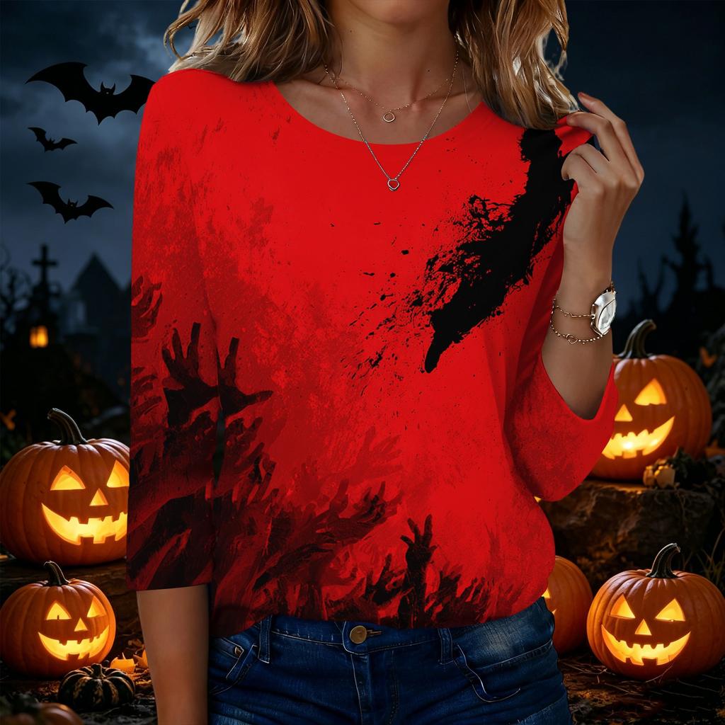 Women's Casual Round Neck Three Quarter Sleeve Halloween Print T Shirt Top Lightweight Comfortable Fit