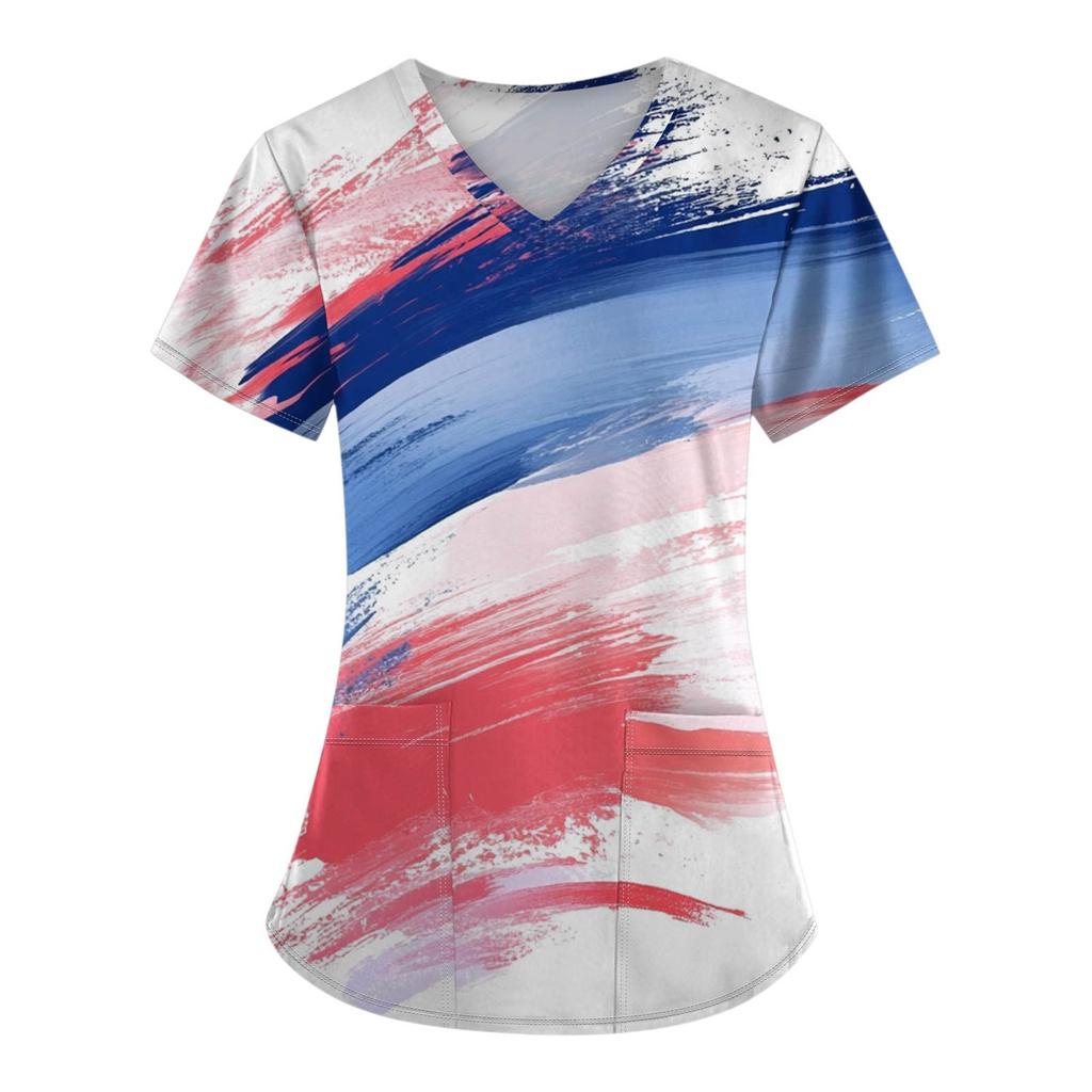 Women's Fashion V-Neck Short Sleeve Overalls With Pockets Independence Day Printed Tops  Clothes
