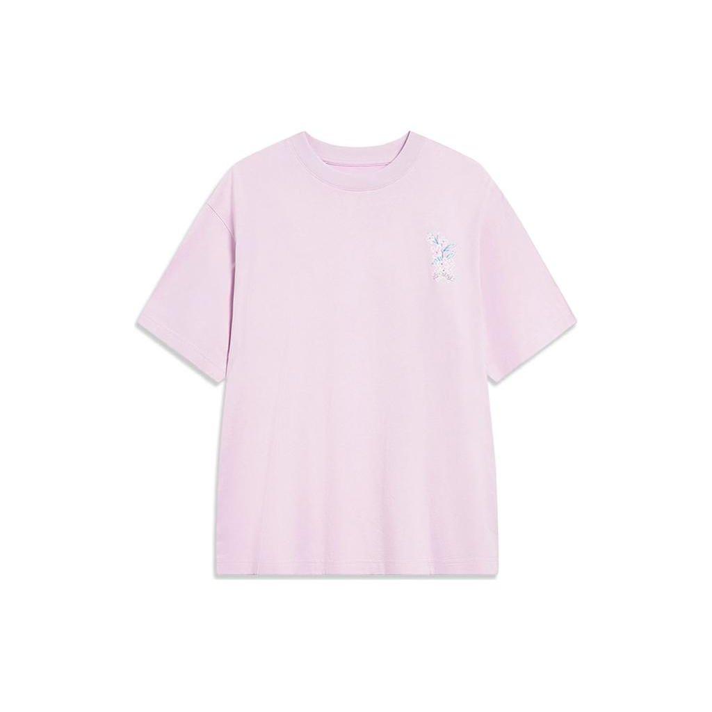 Li Ning Chinese Culture Series Floral Pattern Round Neck Short Sleeve T-Shirt Women Tops Lotus-Pink-Purple AHST428-2