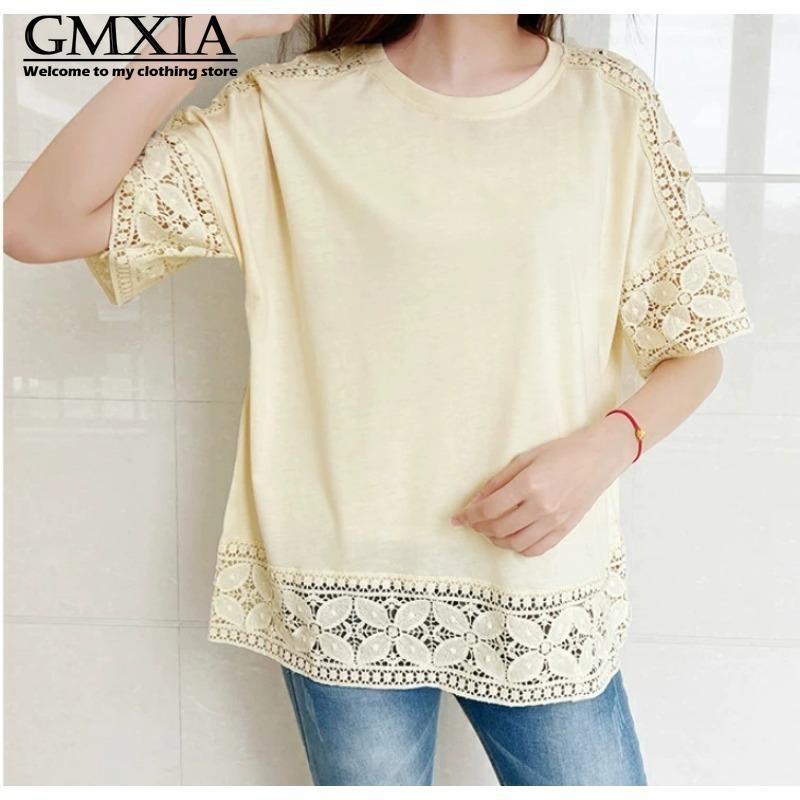 

GMXIA Женские Модные Повседневные Блузки и Рубашки с Коротким Рукавом и Круглым Вырезом, Однотонные с Принтом one size бежевый