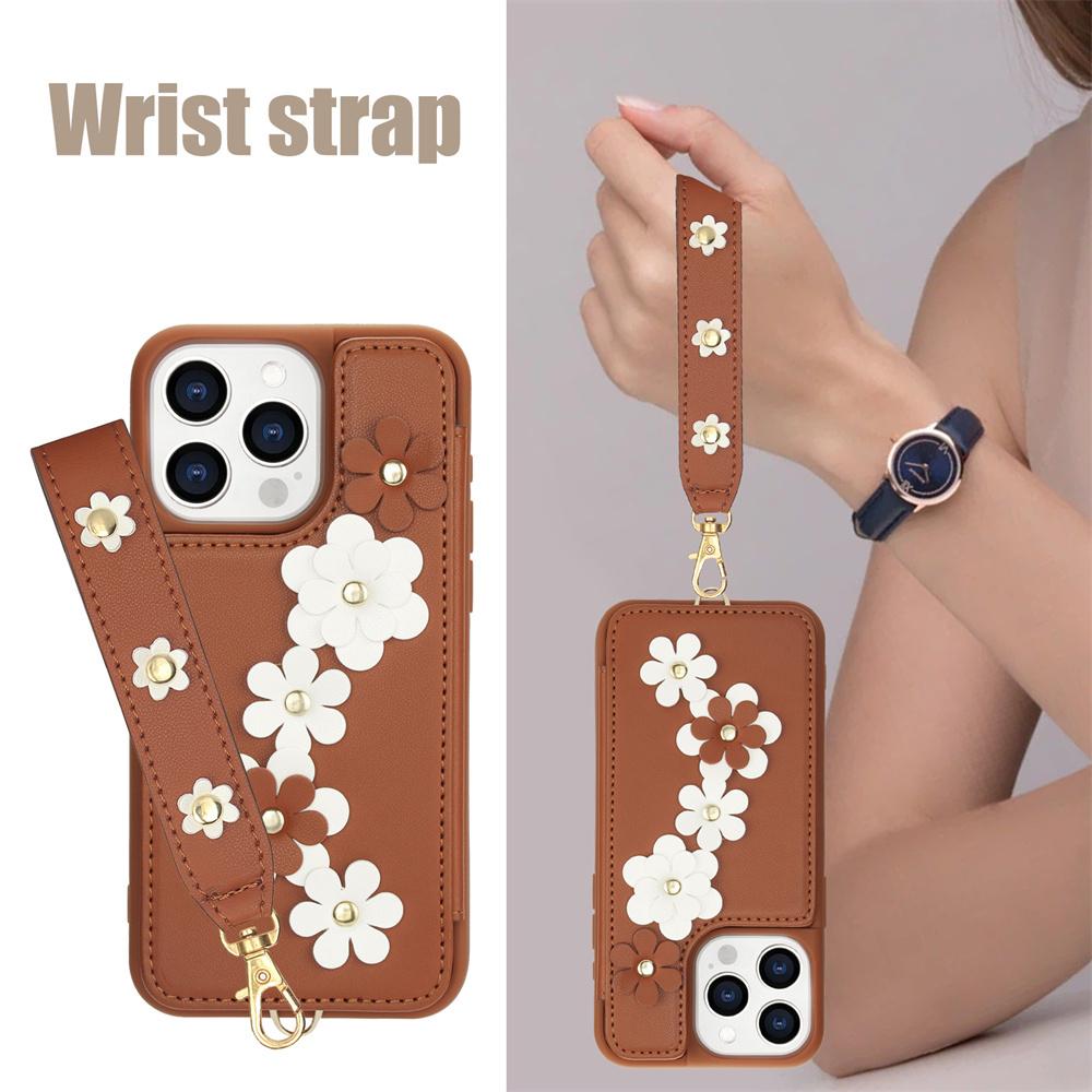 3IN1 Crossbody Rope Wrist Strap Flowers Leather Wallet Phone Case For iPhone 15 11 12 13 14 16 Pro Max X XR XS 7 8 Plus SE Cover