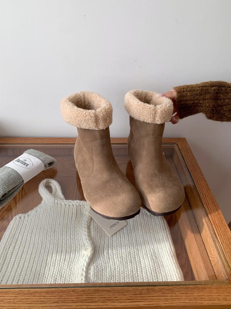 Cowhide Version Inner Height-increasing Lamb Wool Short Boots 2025 New Autumn and Winter Boken Short Boots Stacking Boots Thermal Cotton Boots