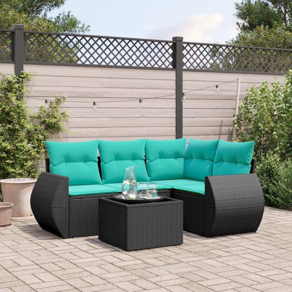 5 Piece Garden Sofa Set with Cushions Black Poly Rattan