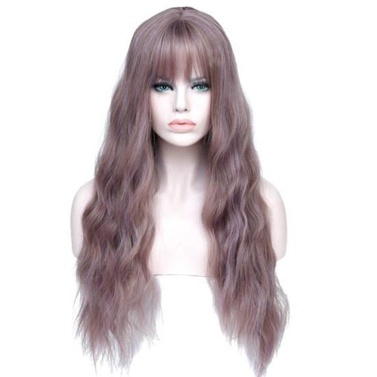 Peruca com franja Cosplay Cabelo longo cacheado Fibra Alta temperatura para festa