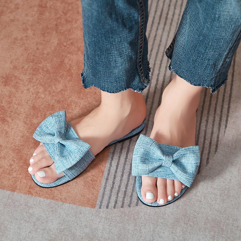 Fashion Butterfly Knot Flat Bottom Leisure Slippers for Women Solid Round Head Open Toe Soft Soles Summer Slides Summer Women's Shoes