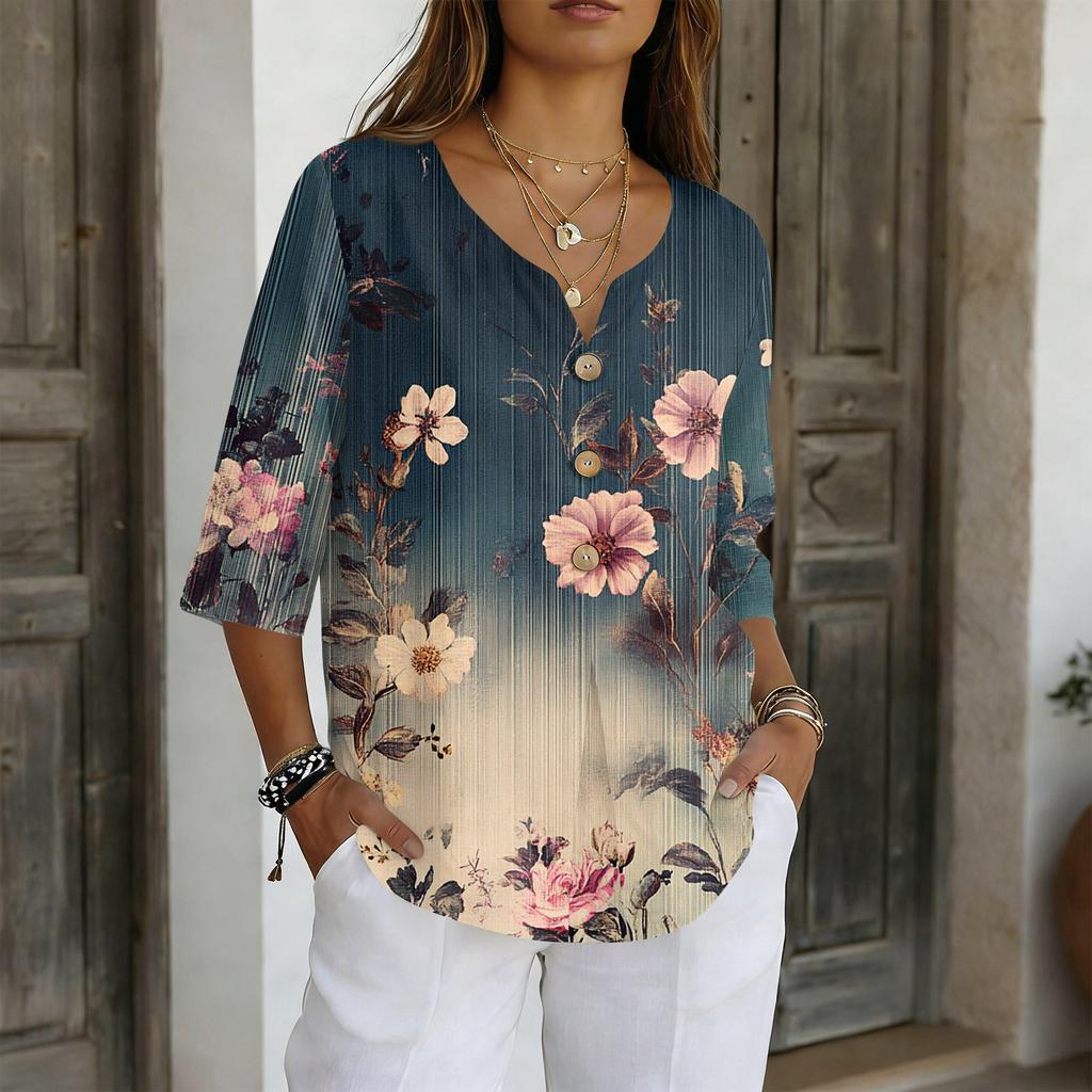 Damenhemden Elegante Freizeit-T-Shirts 3/4-Ärmel Tunika-Oberteile Basic-T-Shirts Pullover Arbeitsblusen