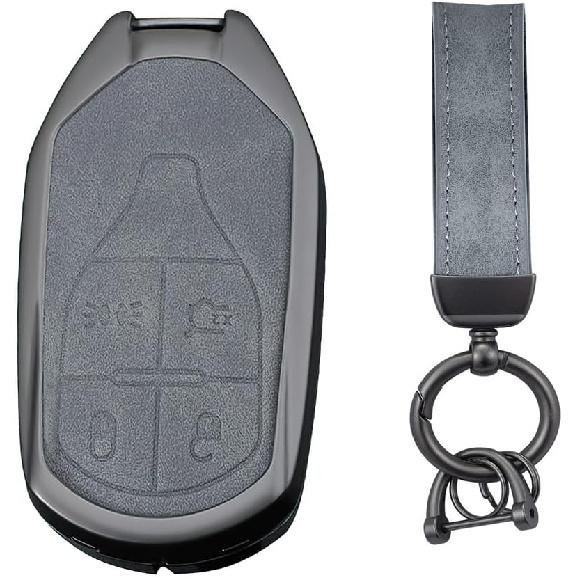 

Key Fob Shell Compatible with 2013-up Maserati Quattroporte, Ghibli, 2017-up Levante Smart Key Holder 4 Button Grey Leather keychain-Grey