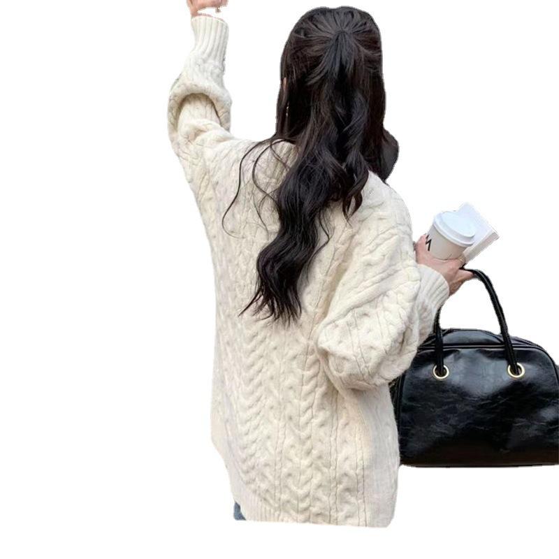 V Collar Lazy Wind Sweater Female Fall and Winter Set Head Loose Outerwear Blouse Thickened Twist Knit Sweater Comfortable Versatile Fashion